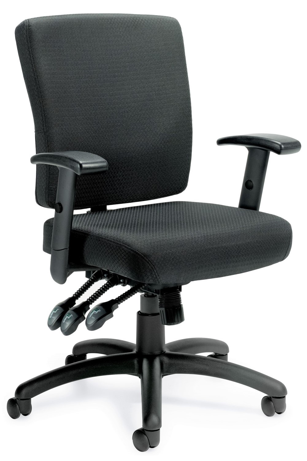 Multi-function medium back task chair with black fabric seat and back, resin 5-star base, and multiple adjustment paddles for seat and back angle adjustments.