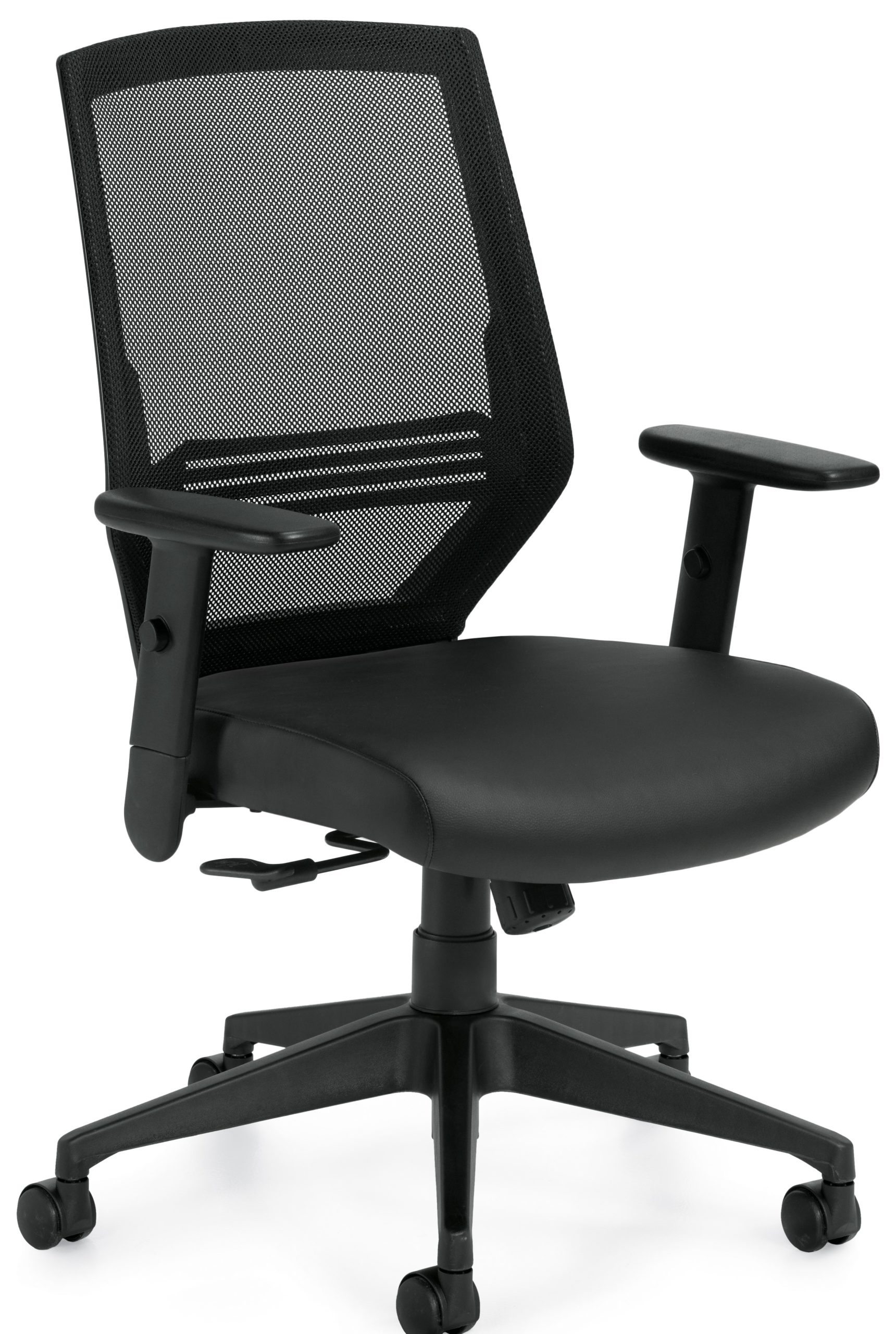Entry level high back task chair with black mesh back and leathertek seat, adjustable arms, and resin 5-star base.