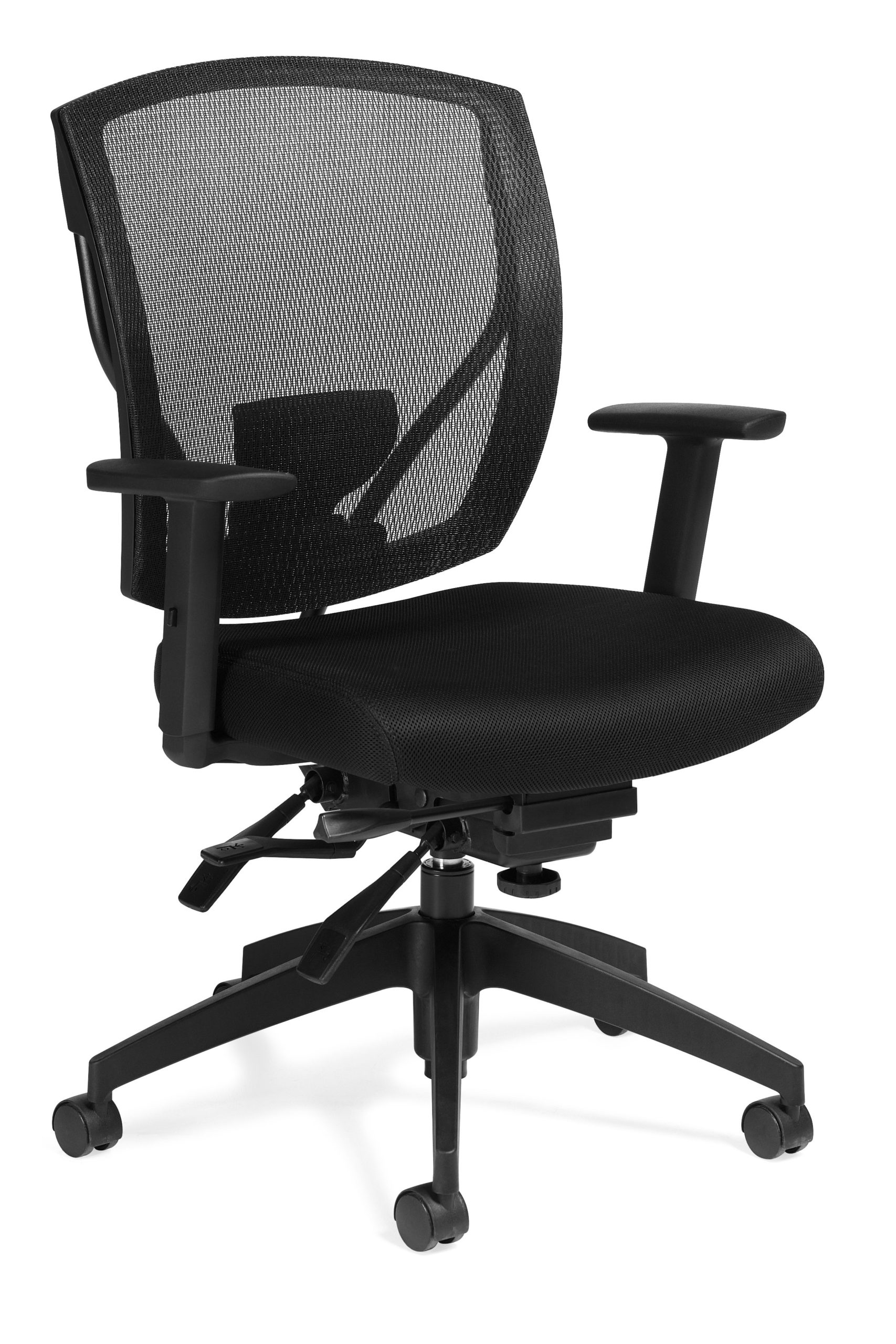 Multi-function medium mesh back task chair with black fabric seat, multiple paddles for complete ergonomic adjustments, tilt tension knob, and 5-star plastic base.