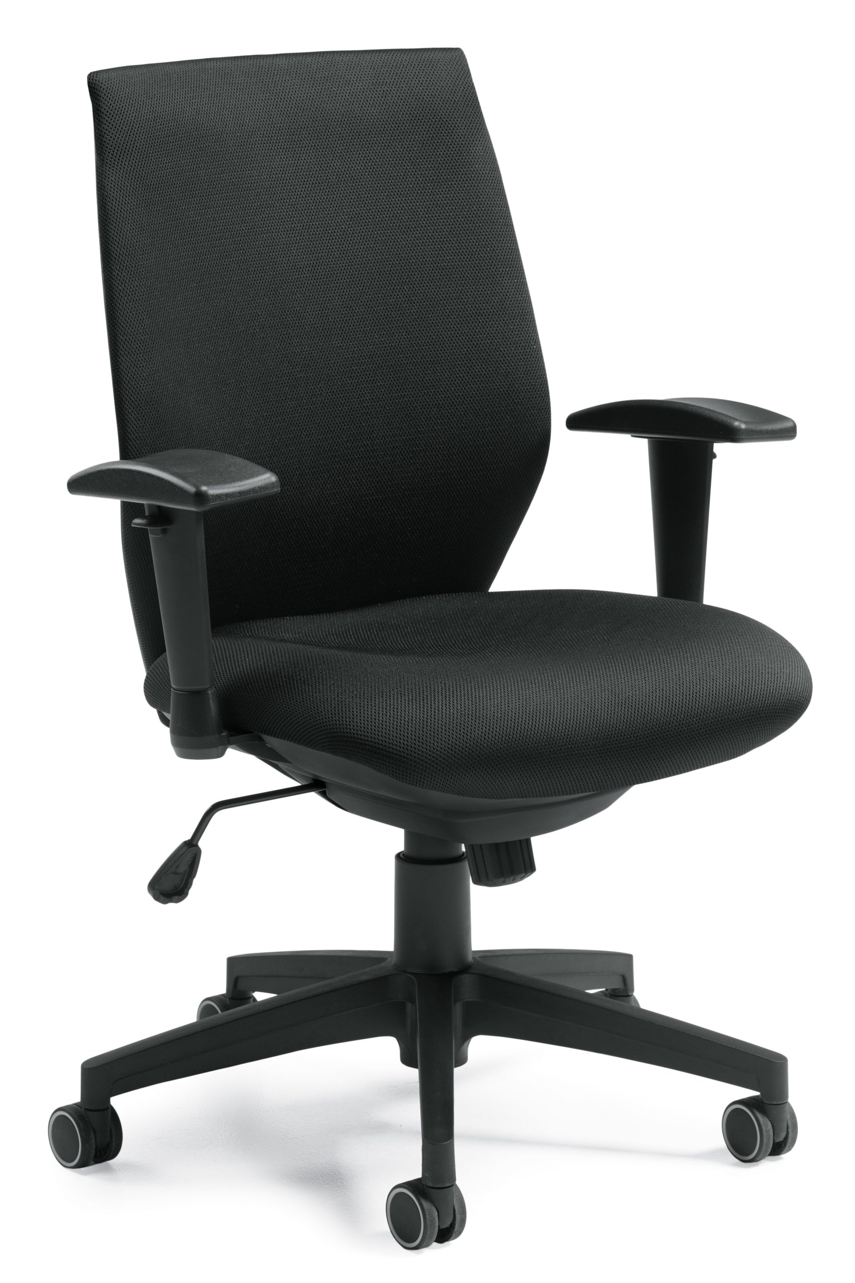 Entry level high back task chair with black fabric seat and back, height adjustable arms, tension control, and 5-star resin base.