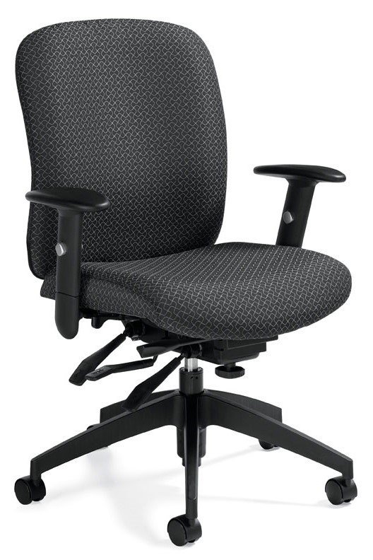 Heavy duty multi-function ergonomic chair with infinite seat pan and back tilt paddles, height & width adjustable arms, ratchet back height, and 5-star base.