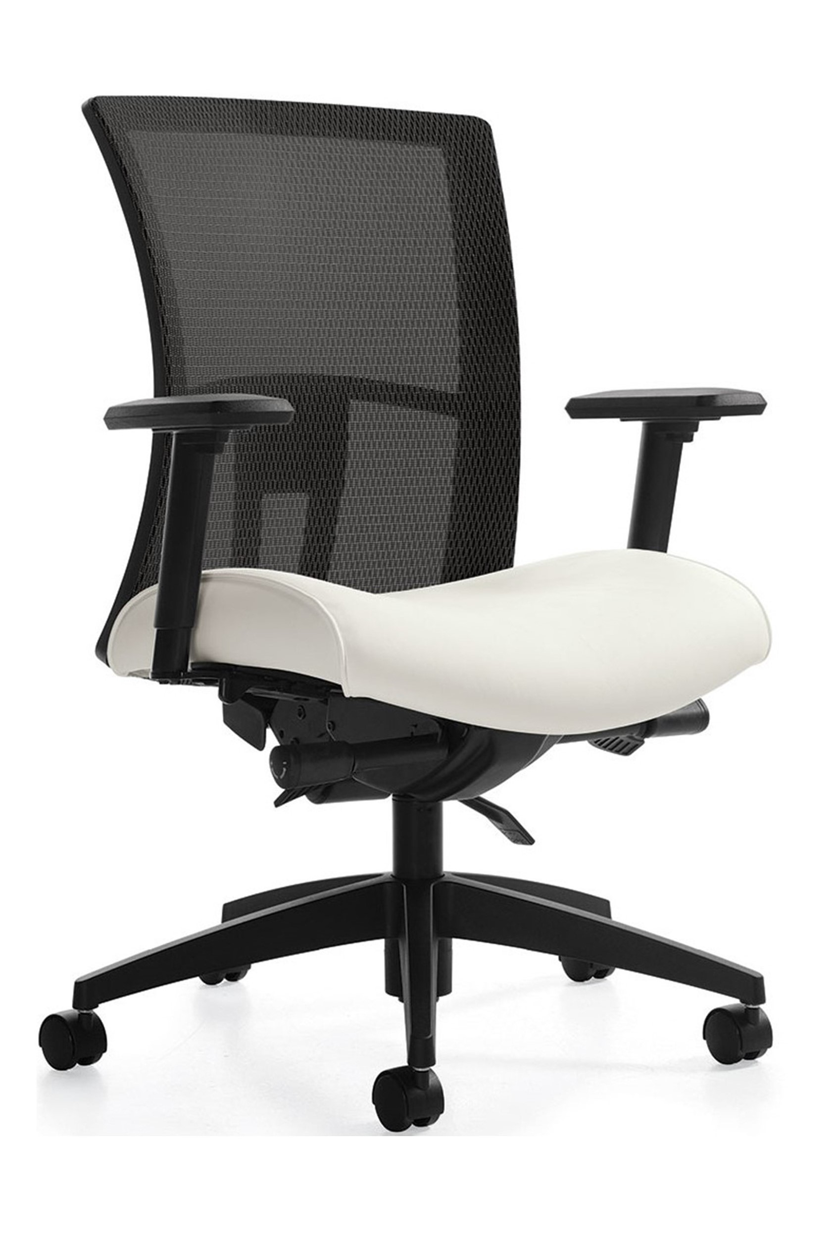 Black mesh medium back synchro tilt task chair with white fabric seat, height & width adjustable arms, sliding seat pan, and 5-star resin reinforced base.