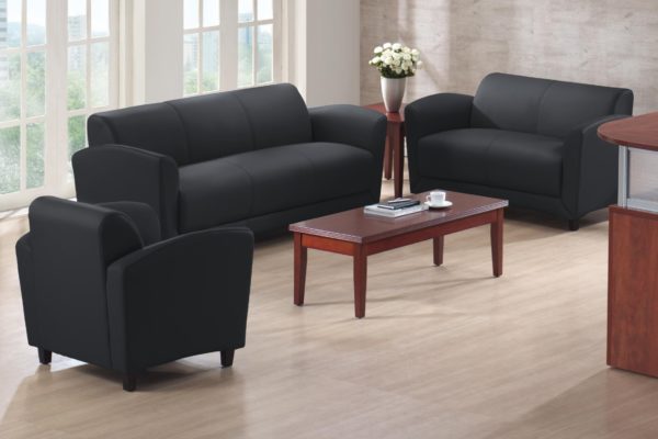 Contoured and curved reception grouping in black including club chair, sofa, and loveseat, all with mahogany feet. Also included is a matching 24x48 mahogany coffee table.